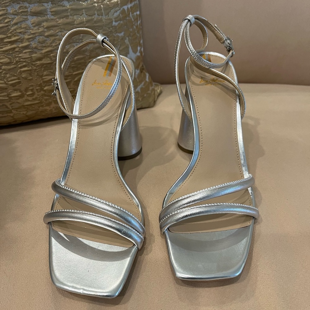 Sam Edelman Silver Square Toe, Block Heel Leather Sandal